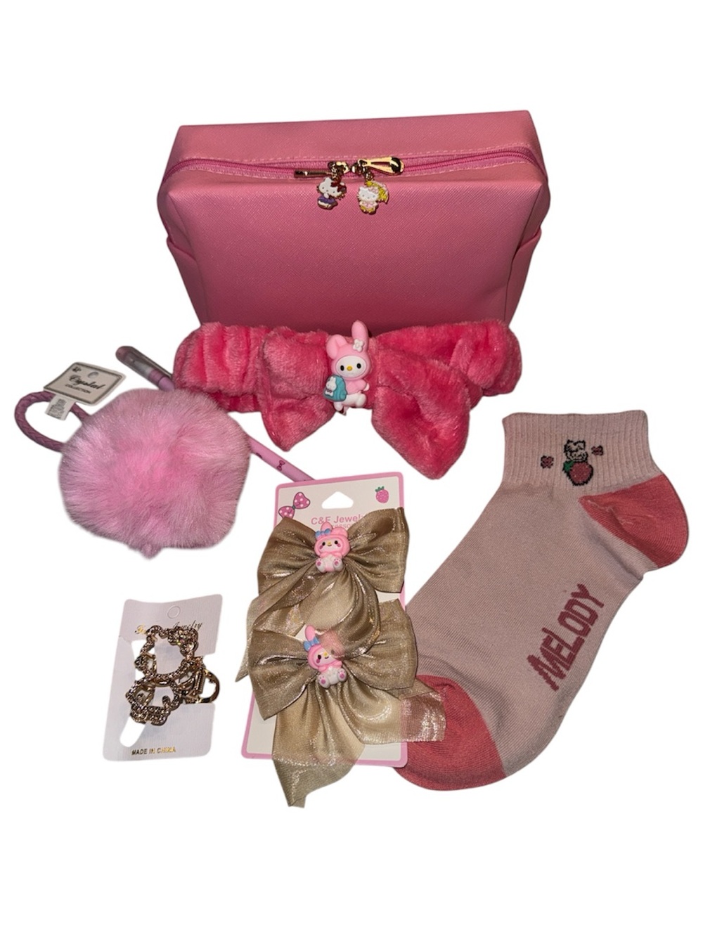 Pink Gift Set with Pouch, Socks, Hair Claw, Bows, Pom Wristlet, Headband, Pencil